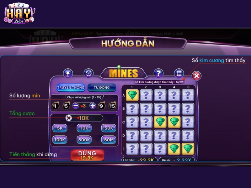 Giao diện chính của trò chơi nổ hũ Mines 